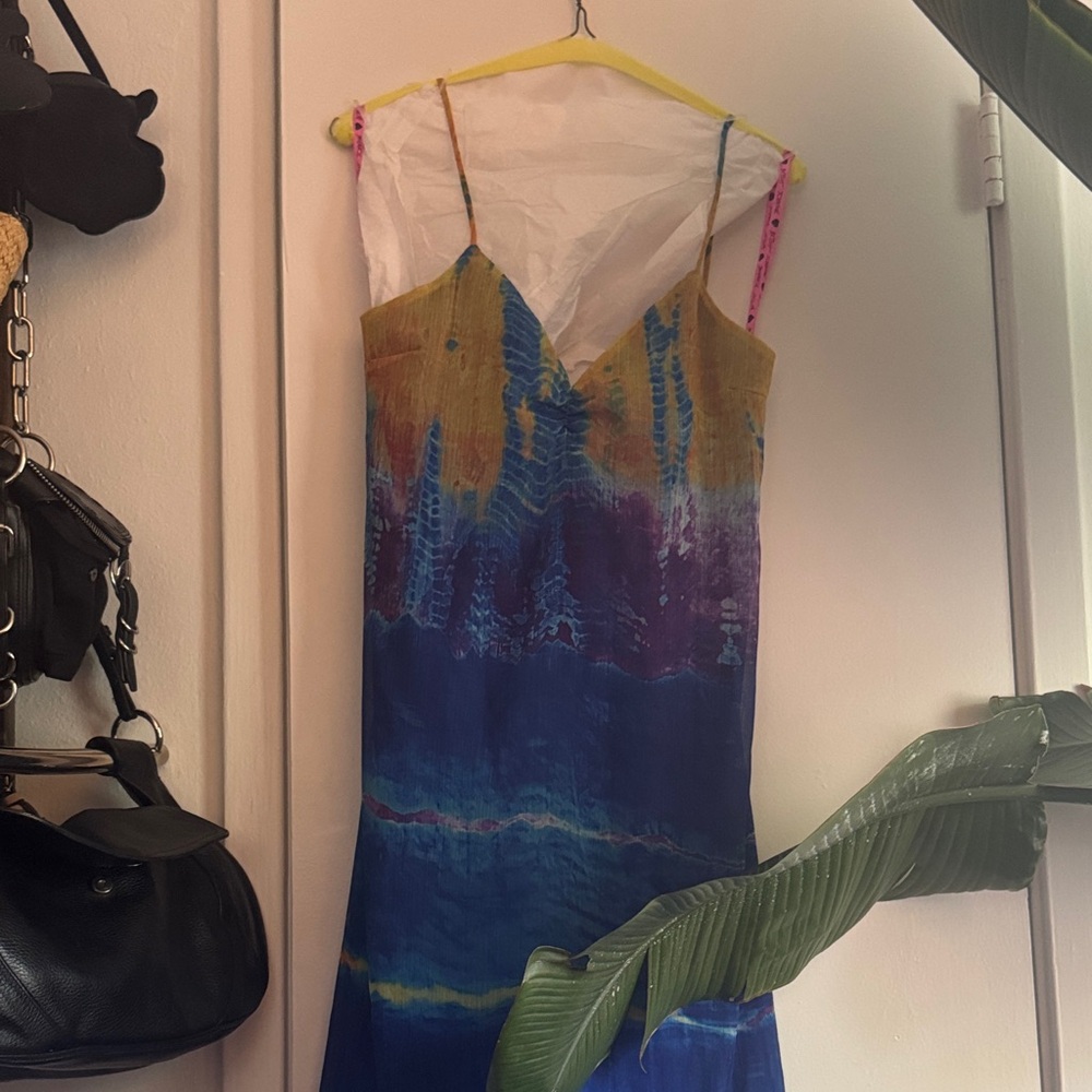 Betsey Johnson Blue and Yellow Tie-Dye Maxi Slip Dress